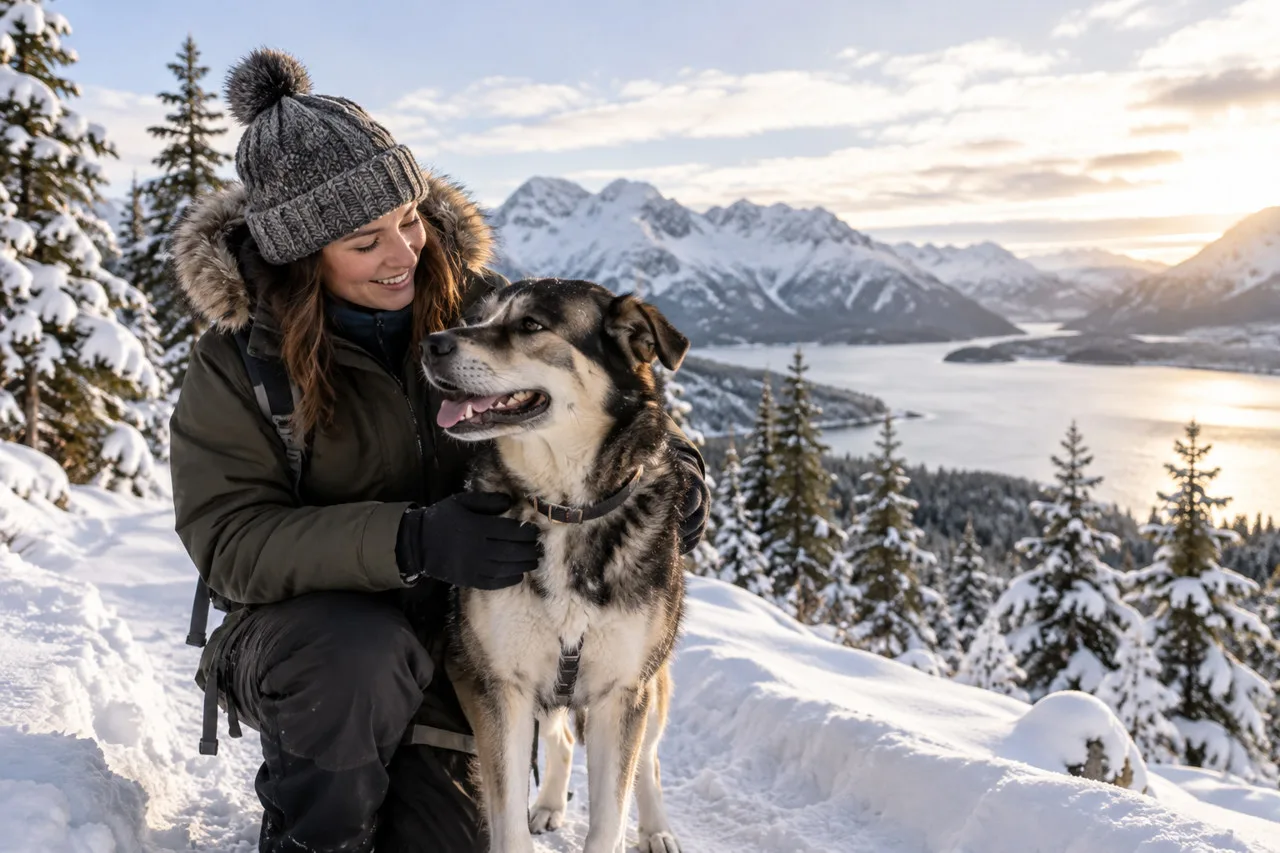Owner and thick-coated black-and-white dog together in a snowy outdoor setting